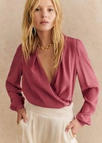 Sezane ABÉLIA BLOUSE in Rosewood | pink plunge front wrap style blouses