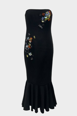 CINQ À SEPT Juniper Dress in Black Multi / strapless embellished bodycon / fitted bandeau neckline occasion dresses / glamorous party fashion / women’s evening event clothes / womens occasionwear at shop-olivia