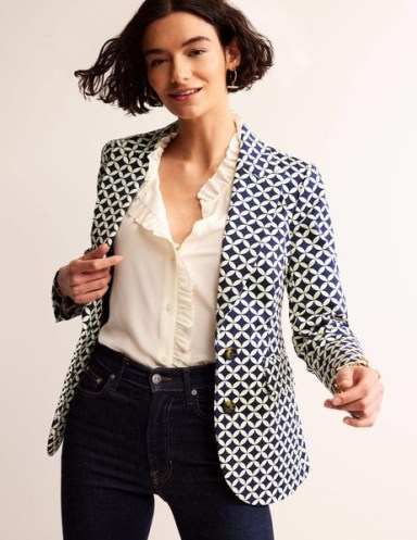 Boden Marylebone Bi-Stretch Blazer in Navy, Diamond Terrace – women’s blue and white printed blazers – womens patterned single breasted jacket