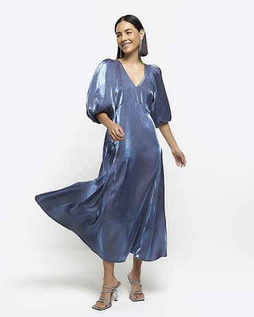 River Island Navy Metallic Puff Sleeve Smock Midi Dress | women’s balloon sleeved party dresses