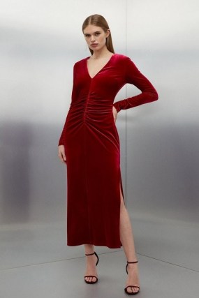 KAREN MILLEN Stretch Velvet Jersey Maxi Dress in Red – long sleeve V-neck evening dresses – ruched occasion fashion