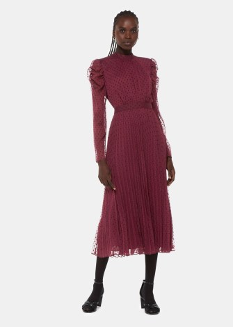 WHISTLES Dobby Velvet Celia Dress in Burgundy ~ sheer sleeve high neck dresses