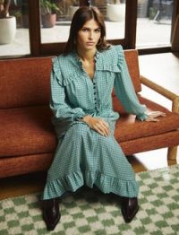 CEFINN Loretta Maxi Dress in Ecru Green Houndstooth Print ~ ruffled check print midi dresses