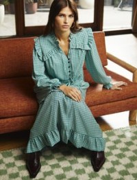 CEFINN Loretta Maxi Dress in Ecru Green Houndstooth Print ~ ruffled check print midi dresses
