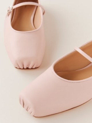 Reformation Mariella Mary Jane Ballet Flat in Alabaster Leather ~ light pink slender strap ballerina flats ~ luxe square toe buckle detail shoes