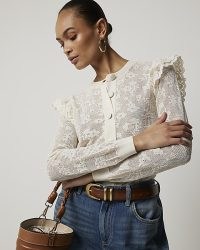 RIVER ISLAND Beige Floral Lace Frill Cardigan ~ women’s ruffled cardigans