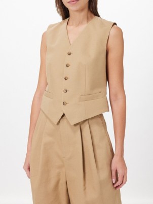 Polo Ralph Lauren Pauline cotton-blend twill waistcoat in beige ~ women’s designer waistcoats