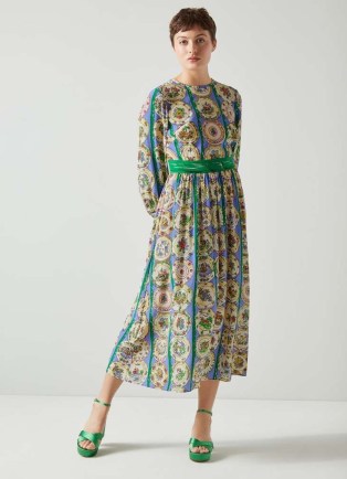 L.K. BENNETT Erica Plate Print Silk Dress – silky long sleeve printed midi dresses – luxury clothing – women’s luxe fashion