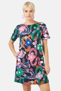 gorman Flower Snake Swing Dress / women’s short sleeve dresses with retro inspired prints / womens organic cotton clothing