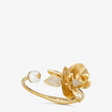 JIMMY CHOO Petal Cuff Gold-Finish Bracelet with Pearl and Crystal embellishment – floral embellished cuffs – statement jewellery