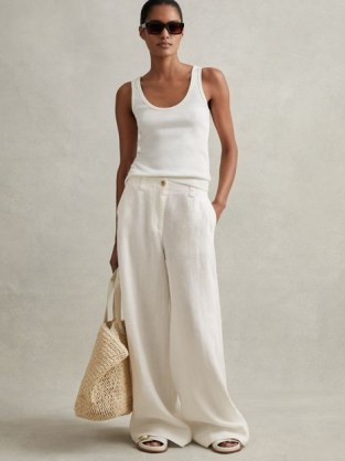 Reiss DEMI LINEN WIDE LEG GARMENT DYED TROUSERS in WHITE / women’s chic relaxed summer trouser