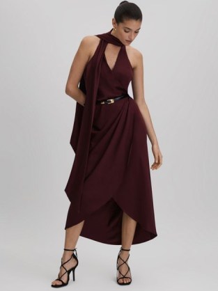 REISS TAYLA SATIN WRAP FRONT MIDI DRESS BURGUNDY ~ asymmetric fluid fabric evening occasion dresses ~ silky event clothing