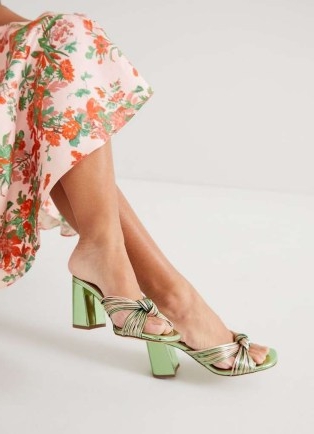 L.K. BENNETT Coletta Green And Pink Strappy Mules ~ shiny mirror metallic event sandal ~ faux leather mule sandals ~ women’s summer occasion shoes