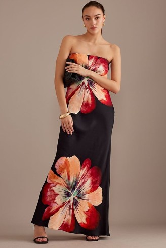 Anthropologie Strapless Satin Maxi Slip Dress in Black Motif ~ long length silky floral bandeau neckline dresses ~ evening glamour