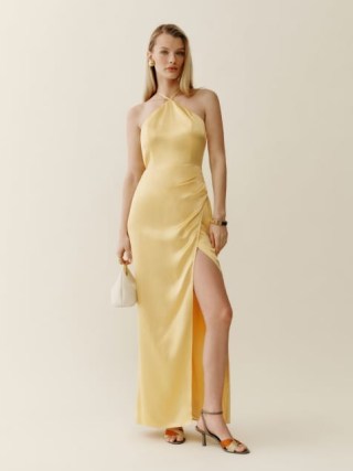 Reformation Myla Silk Dress in Sunshine / silky yellow halterneck maxi dresses / luxury occasion fashion / luxe event clothing