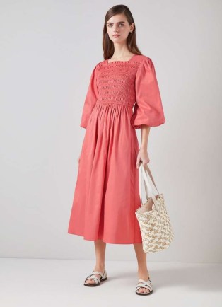 L.K. BENNETT Calister Dark Pink Organic Cotton Shirred Dress ~ puff sleeve fit and flare midi length summer dresses