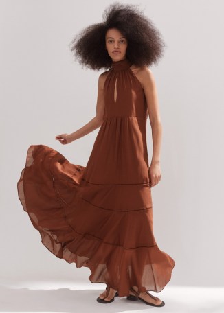 ME and EM Cotton Voile Halterneck Full-Length Dress in Cinnamon ~ brown halter neck maxi dresses