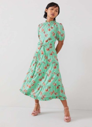 L.K. BENNETT Hedy Petite Bouquet Print Organic Cotton Dress ~ green floral ruffle trimmed midi dresses