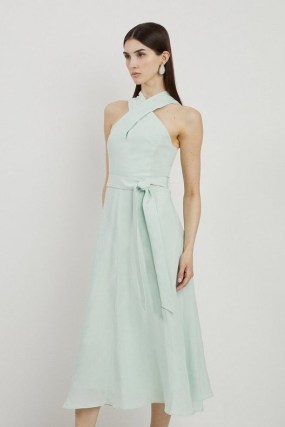 KAREN MILLEN Premium Tailored Linen Halterneck Full Skirted Midi Dress in Sage ~ green halterneck dresses ~ summer clothing