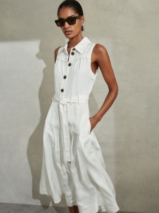 REISS HEIDI VISCOSE LINEN BELTED MIDI DRESS WHITE ~ sleeveless tie waist shirt dresses