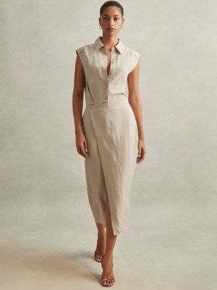 REISS YASMIN LYOCELL LINEN WRAP FRONT MIDI DRESS NEUTRAL ~ chic cap sleeve shirt dresses