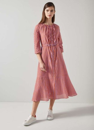 L.K. BENNETT Sophie Purple And Orange Gingham Cotton-Blend Dress ~ checked long sleeve ruffle front midi dresses ~ women’s summer fashion