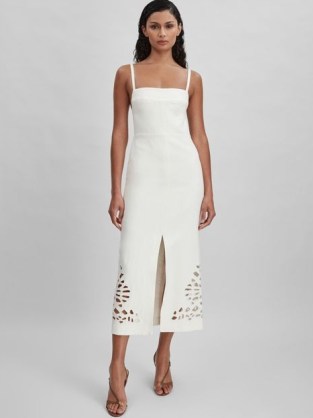 REISS ELODIE DELACOURT LINEN BLEND CUT-OUT MIDI DRESS IVORY – strappy square neck cutout detail dresses – chic summer clothing