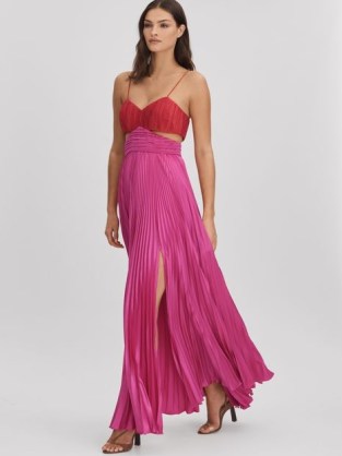 REISS ELODIE AMUR PLEATED CUT-OUT MAXI DRESS MAGENTA – strappy tonal cutout dresses – luxe summer occasion clothes