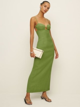 Reformation Malibu Linen Dress in Avocado ~ strappy green column maxi dresses