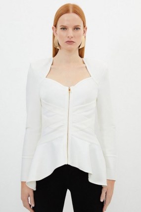 KAREN MILLEN Bandage Strong Shoulder Jacket With Zip Front Opening in Cream ~ fitted peplum jackets