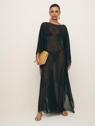 Reformation Rosalia Kaftan in Black – sheer flowing kaftans – chic pool cover up – sophisticated poolside coverup