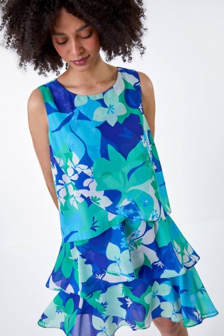 ROMAN Blue Floral Print Tiered Layer Dress – sleeveless tiered dresses