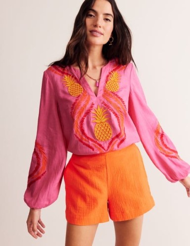 Boden Bonnie Linen Top in Sangria Sunset, Pineapple / women’s pink kaftan style summer tops