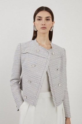 KAREN MILLEN Boucle Double Breasted Collarless Tailored Jacket ~ chic tweed style jackets