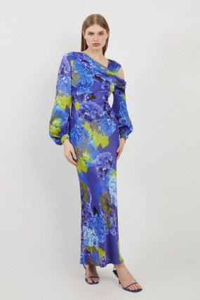 KAREN MILLEN Bright Floral Print Satin Cold Shoulder Draped Midi Dress in Purple ~ silky asymmetric neckline occasion dresses