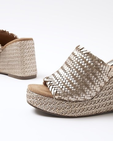 River Island Bronze Leather Woven Wedge Sandals | chunky metallic vintage style wedges | retro wedged summer sandal