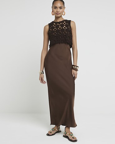 RIVER ISLAND Brown Crochet Vest And Slip Maxi Dress ~ satin dresses