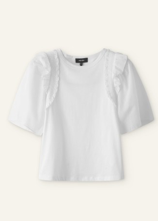 ME and EM Check Detail Boxy T-Shirt in Fresh White – luxe ruffled tee – women’s mixed-media ruffle detail T-shirts