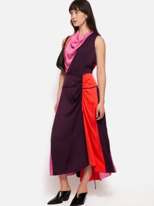 JIGSAW Colour Block Satin Dress in Purple / sleeveless drapey cowl neck dresses