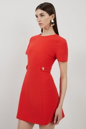 KAREN MILLEN Compact Stretch Essential Waist Tab Detail Tailored Mini Dress in Red ~ short sleeve cinched waist dresses