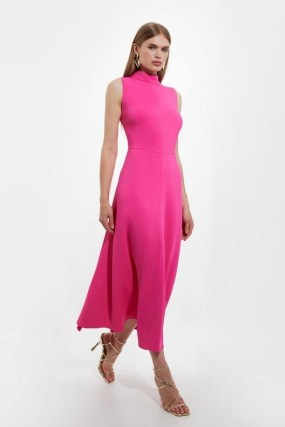 KAREN MILLEN Compact Stretch Viscose Tailored High Neck Tie Detail Midi Dress in Bright Pink ~ sleeveless fit and flare dresses