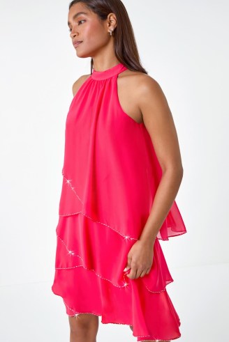 ROMAN Coral Sequin Trim Tiered Halterneck Dress – vibrant halter dresses – sequinned party clothing