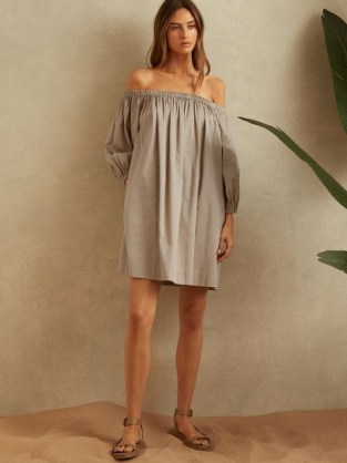 REISS SOFIA COTTON RUCHED PUFF SLEEVE MINI DRESS MOCHA ~ muted brown bardot dresses ~ off the shoulder summer fashion