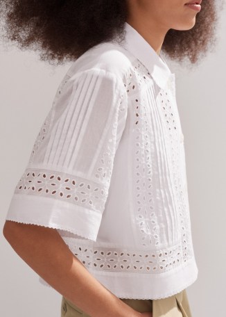 ME and EM Cotton Voile Broderie Crop Shirt Jacket in Soft White – semi sheer cropped shirts – women’s feminine shackets