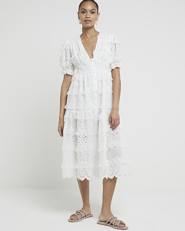 RIVER ISLAND Cream Lace Tiered Smock Midi Dress ~ ruffled summer dresses