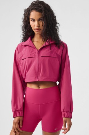 alo yoga CROPPED PLAYMAKER JACKET in Pink Summer Crush ~ women’s hooded crop hem jackets