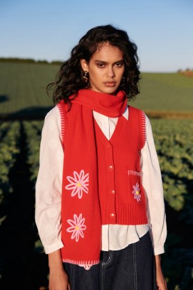 gorman Daisy Applique Vest in Red ~ women’s knitted floral detail vests