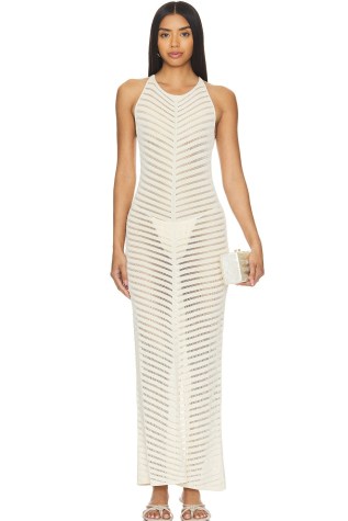 DEVON WINDSOR Indira Dress in Butter – sheer sleeveless off white maxi dresses – see-through going out evening fashion