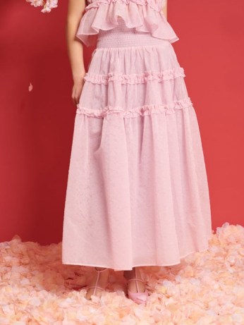 sister jane Brooke Organza Midi Skirt in Baby Pink ~ romantic ruffled occasion skirts ~ DREAM A TALE OF BLOSSOMS collection