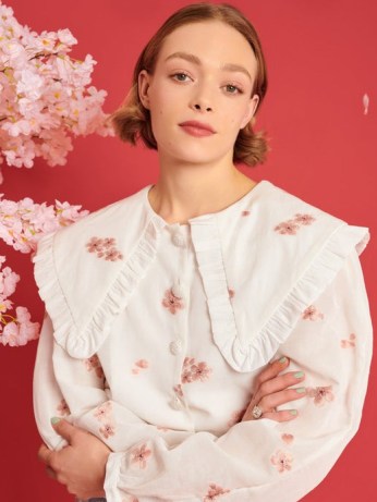 sister jane Budding May Blouse in Snow White ~ oversized collared blouses with pink floral embroidery ~ DREAM A TALE OF BLOSSOMS